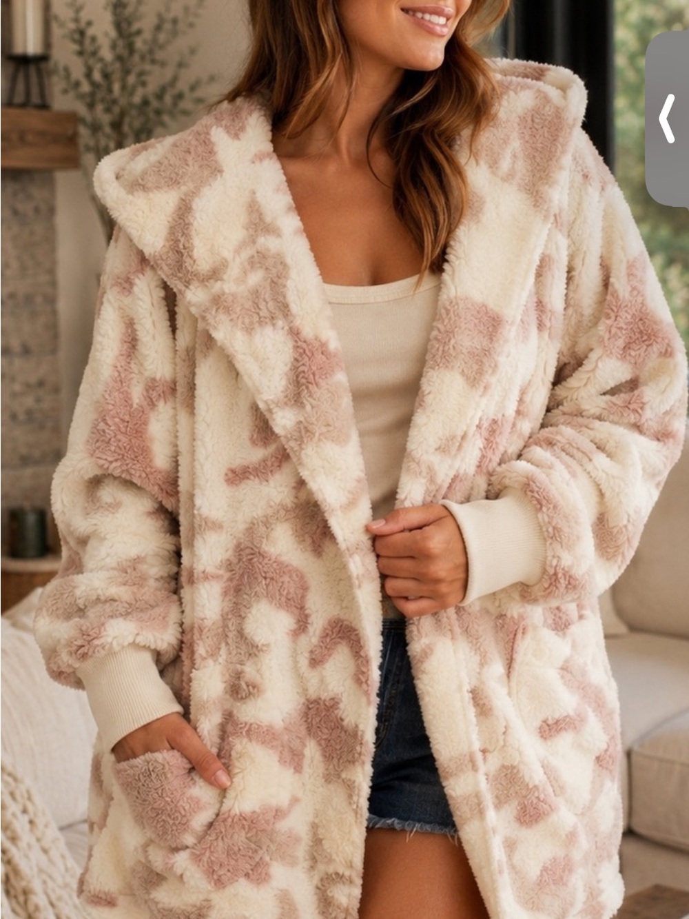 Hem & Thread Soft Plush Hooded Jacket Cream & Mauve Camo Print NWT